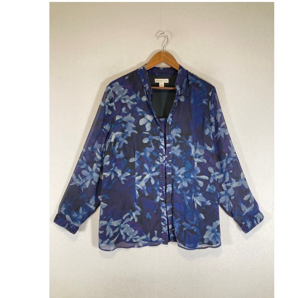 Romantic Coldwater Creek‎ Women 1X Blue Floral Ruffle Chiffon Blouse 4014637